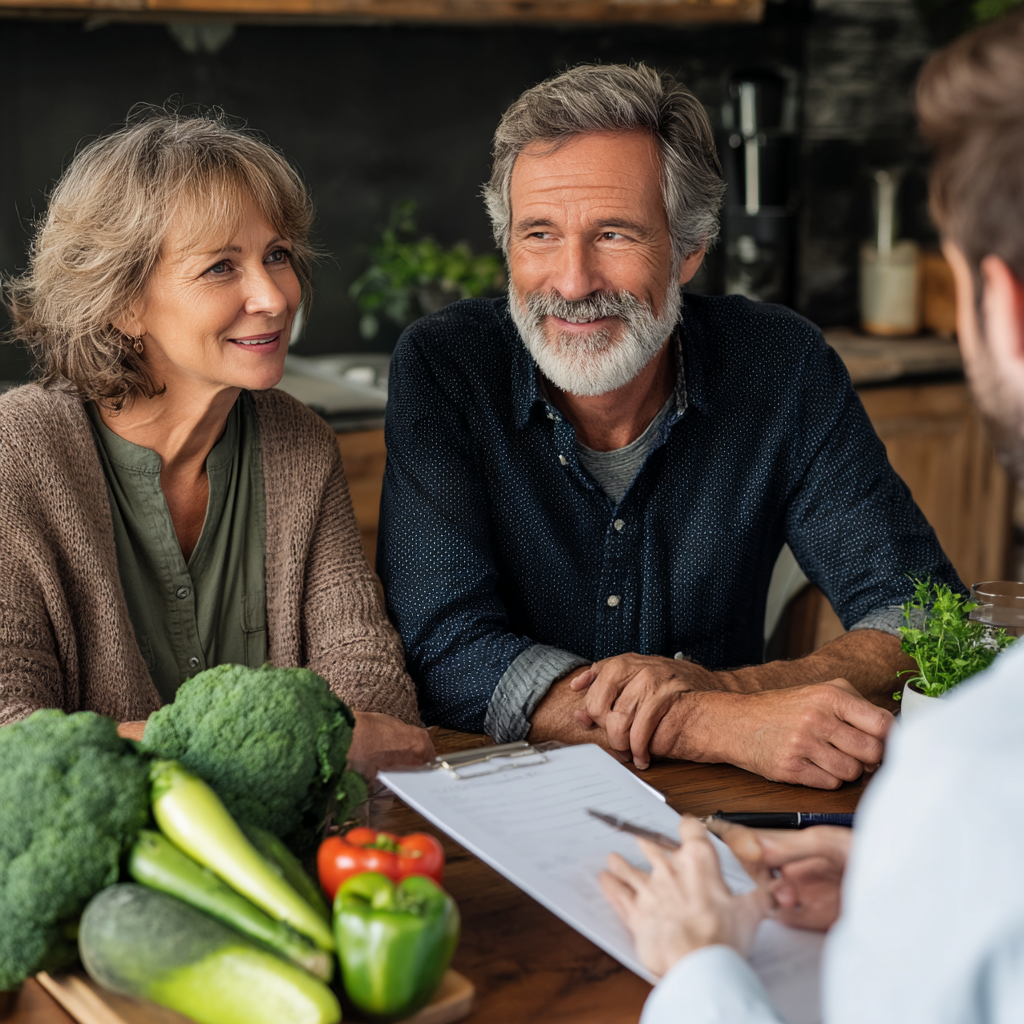 Mature adults discussing nutrition goals with professional consultant