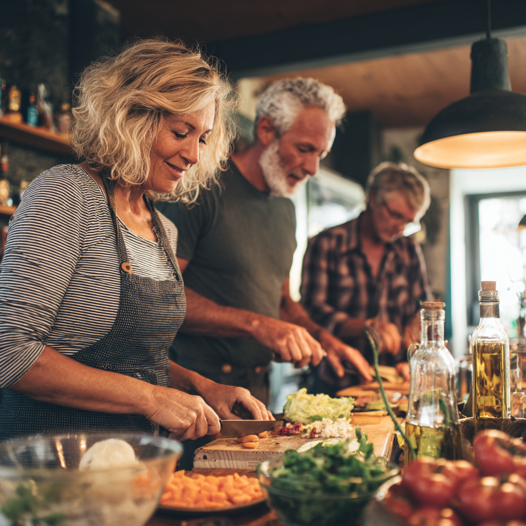 Middle-aged adults preparing balanced nutritious meals together in modern kitchen
